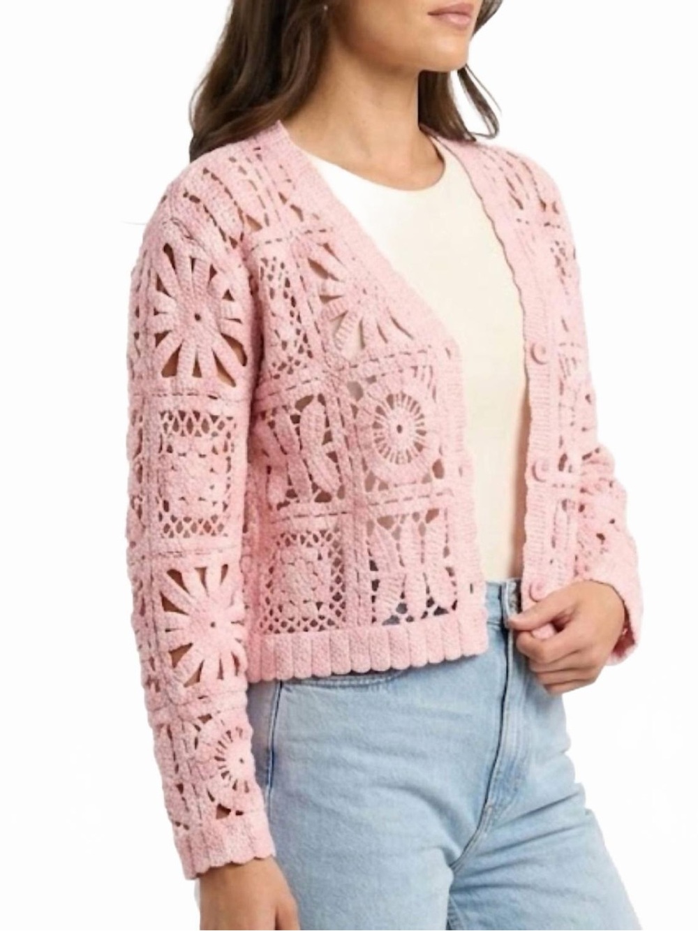 POL Granny Square Cotton Knit Cardigan Pink